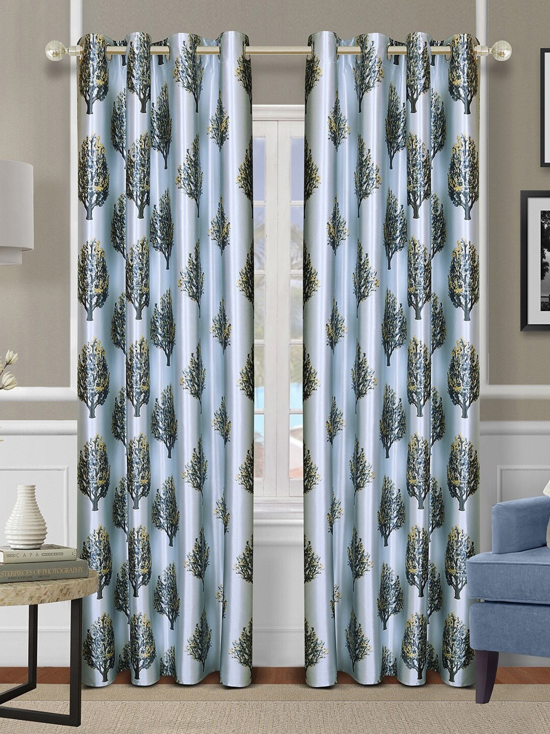

ROMEE Blue & Green Set of 2 Floral Room Darkening Door Curtain