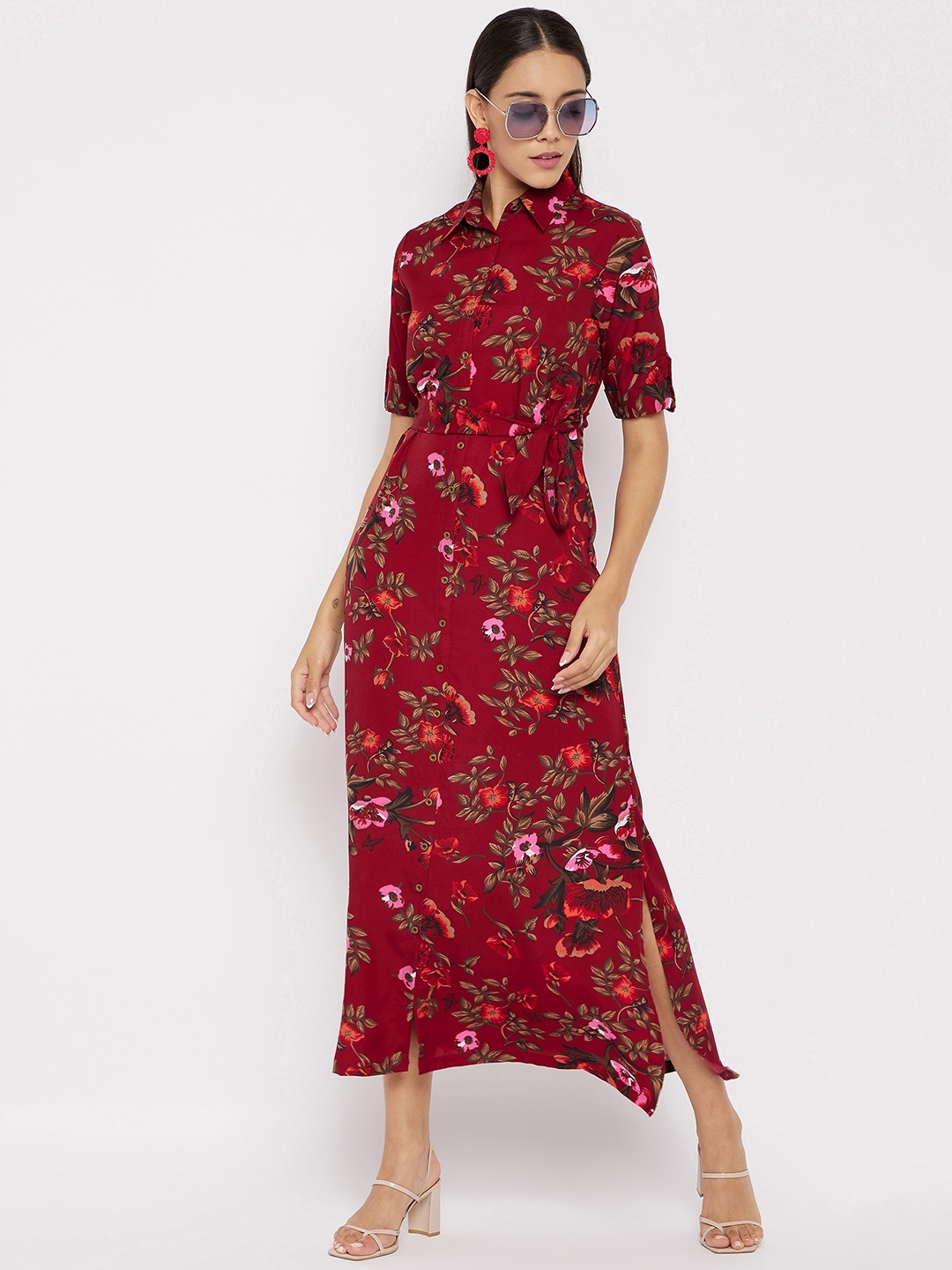 

Uptownie Lite Red & Brown Floral Crepe Button Down Shirt Maxi Dress