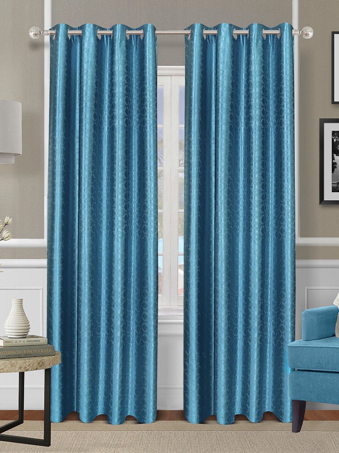 

ROMEE Turquoise Blue Set of 2 Geometric Room Darkening Long Door Curtains