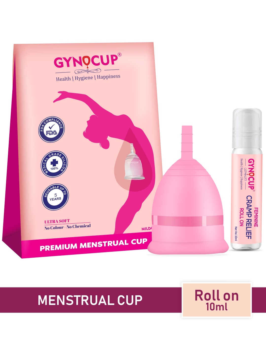 

GYNOCUP Large Size Premium Reusable Menstrual Cup With Period Cramp Relief-10ml, Pink