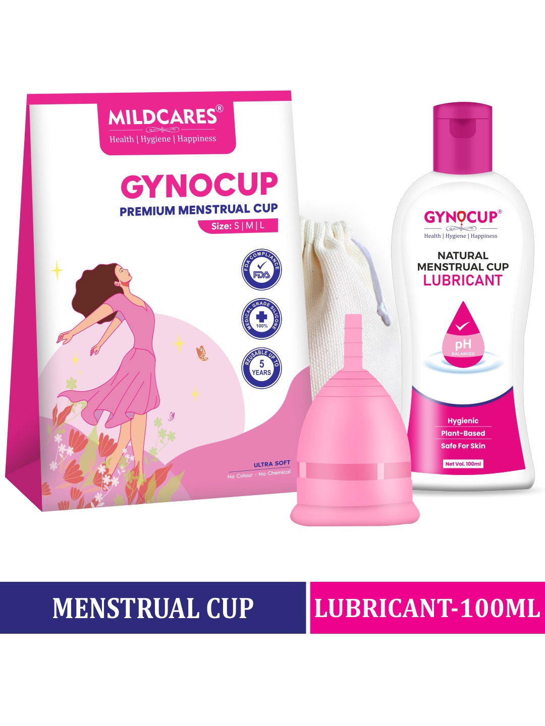 

GYNOCUP Large Size Premium Reusable Menstrual Cup With Menstrual Cup Lubricant 100ml, Pink
