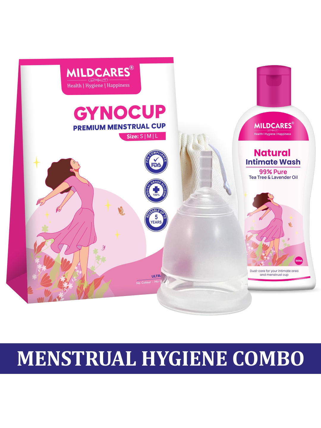 

GYNOCUP Large Size Premium Reusable Menstrual Cup With Women Intimate Wash 100ml, Pink