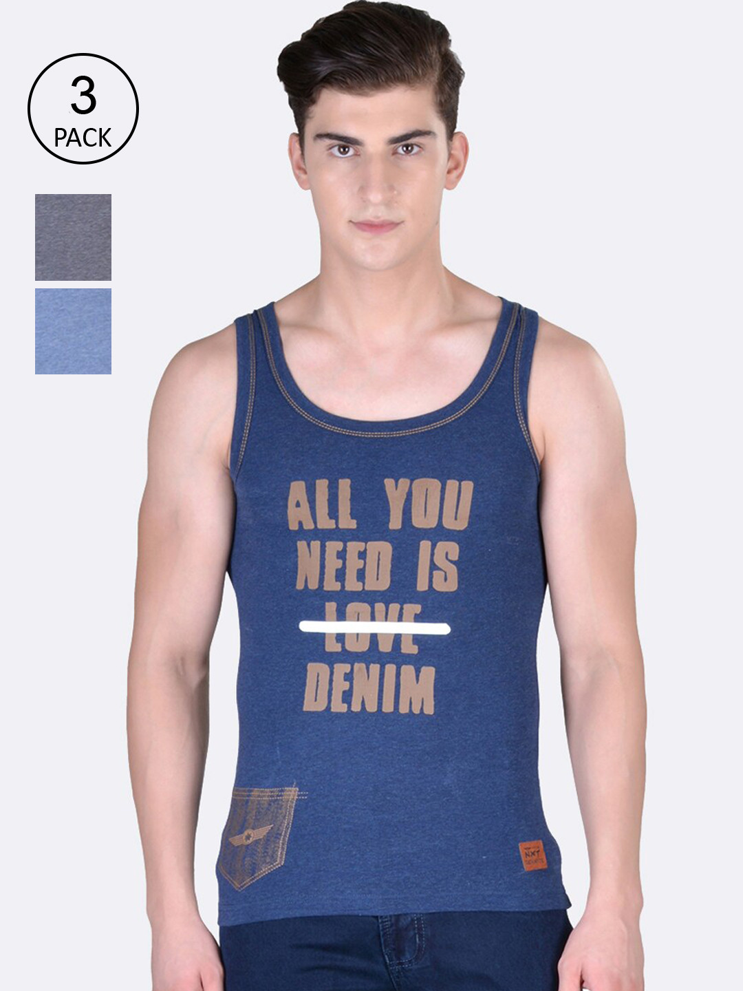 

Force NXT Men Pack Of 3 Blue Cotton Innerwear Vests