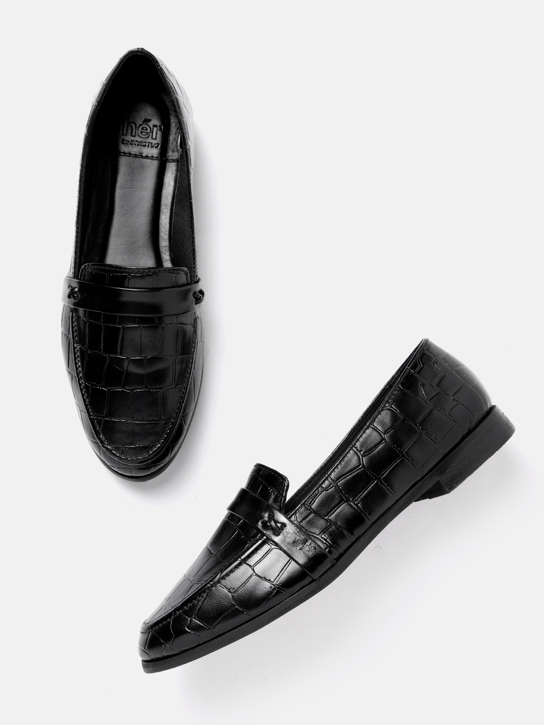 

her by invictus Women Black Croc Textured Loafers