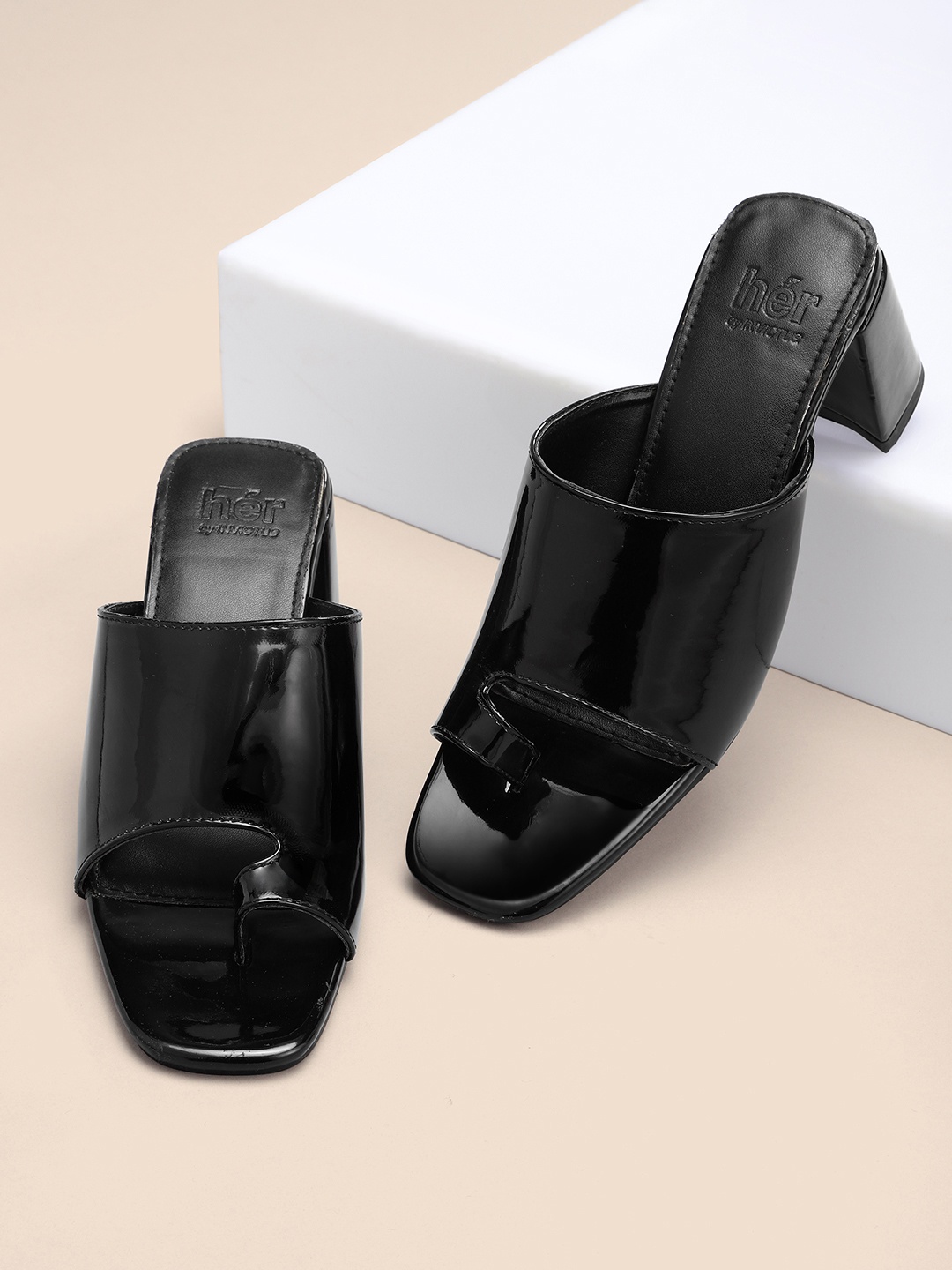 

her by invictus Black Patent Finish Block Heeled Mules