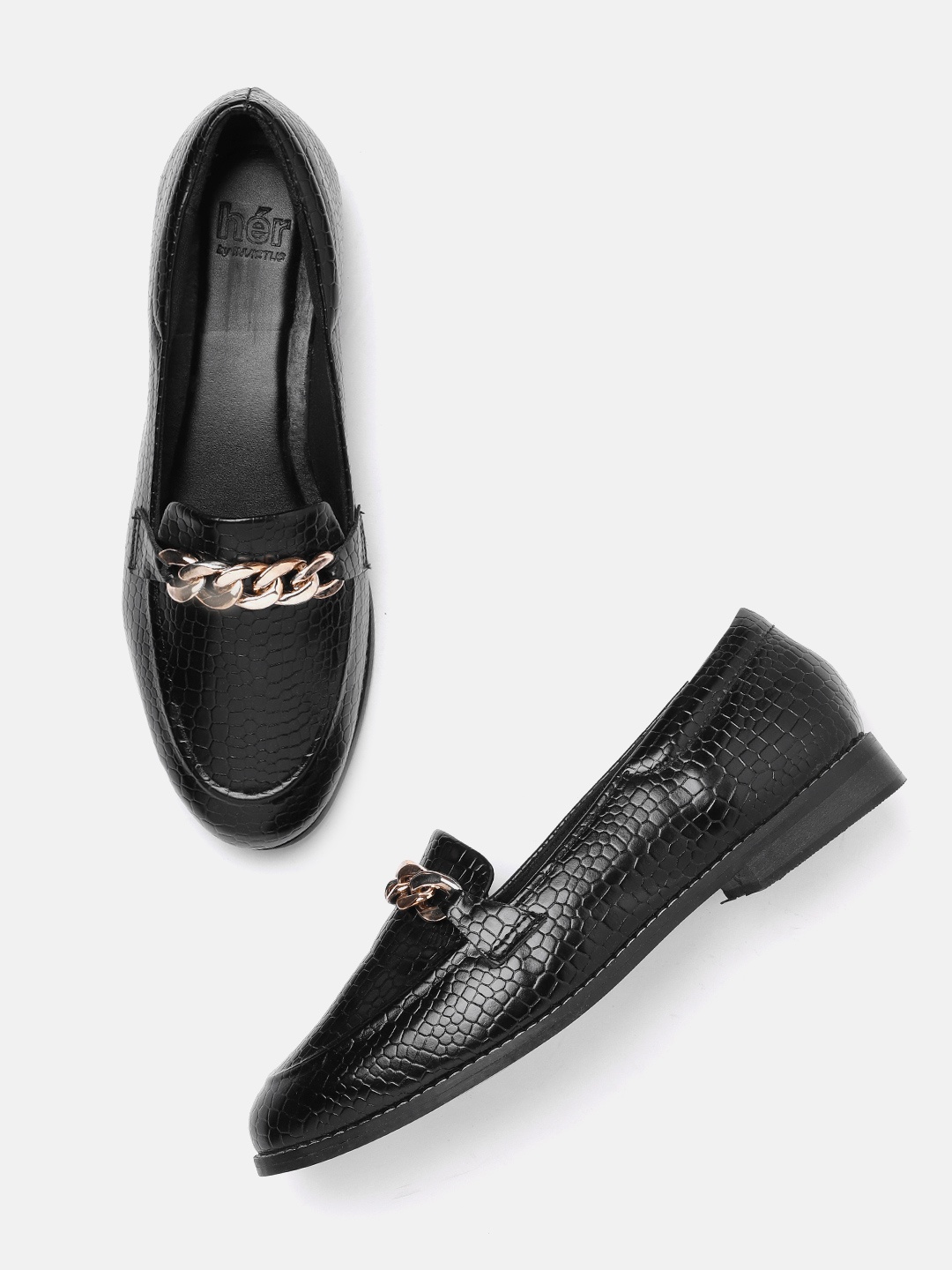 

her by invictus Women Black Snakeskin Textured Loafers