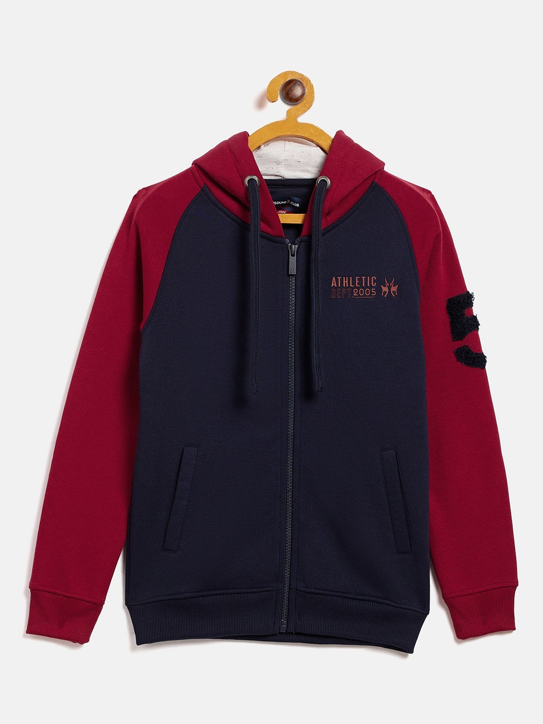 

Crimsoune Club Boys Navy Blue & Maroon Colourblocked Hooded Sweatshirt