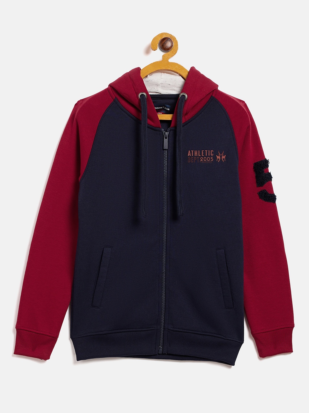 

Crimsoune Club Boys Navy Blue & Maroon Colourblocked Hooded Sweatshirt