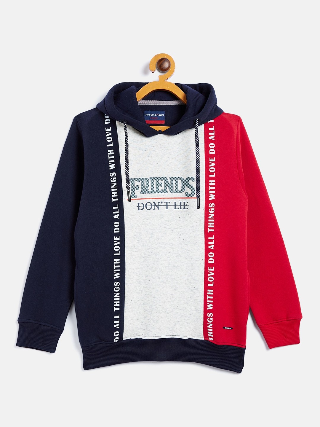 

Crimsoune Club Boys Navy Blue Colourblocked Hooded Sweatshirt