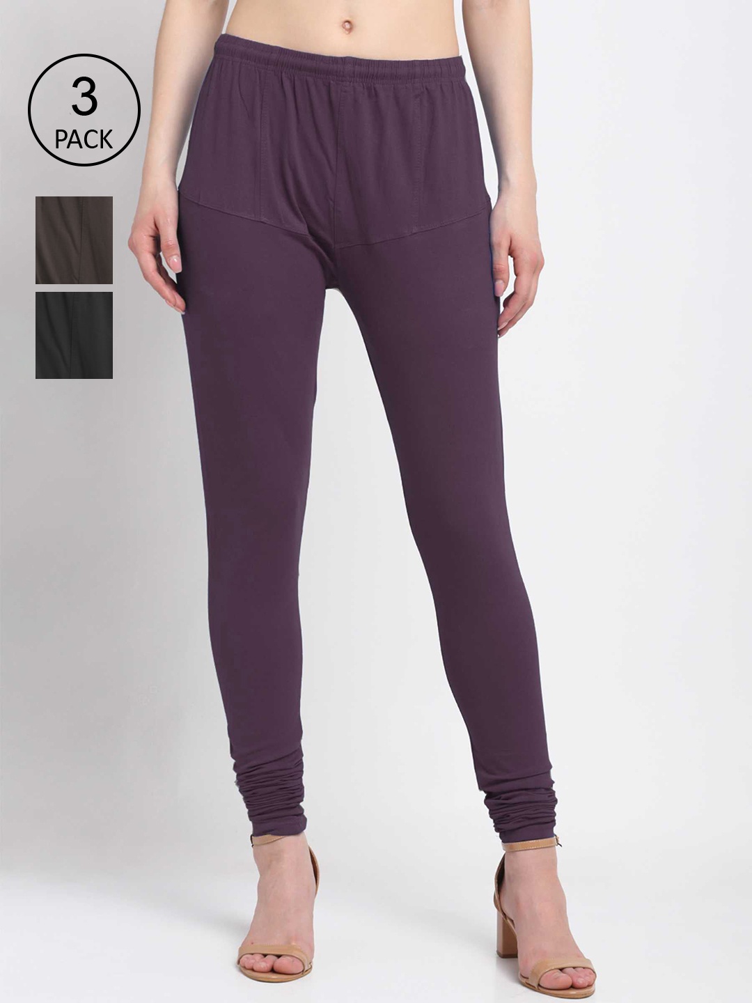 

KLOTTHE Women Pack Of 3 Solid Cotton Churidar-Length Leggings, Violet