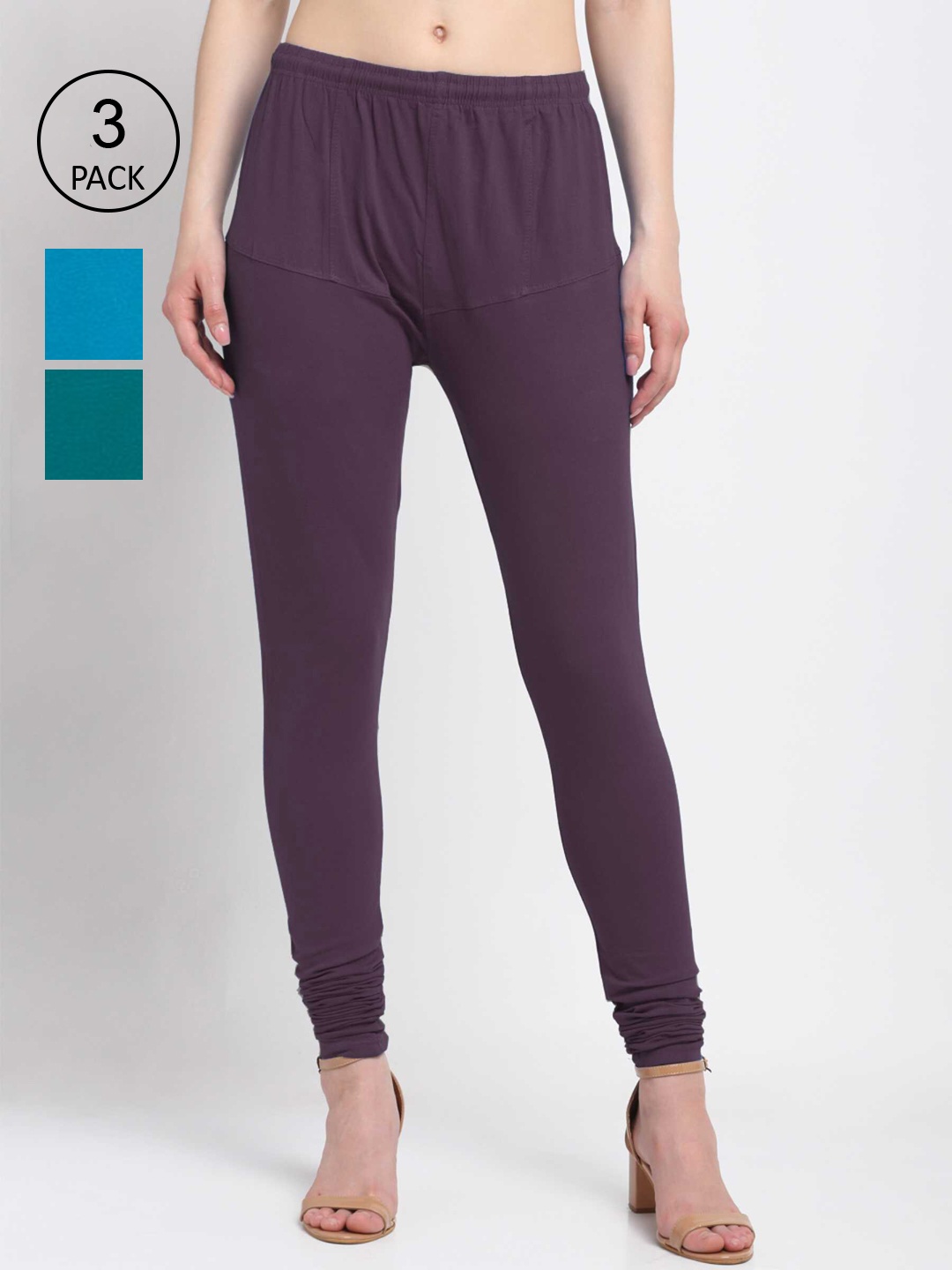 

KLOTTHE Women Pack Of 3 Solid Churidar-Length Cotton Leggings, Purple