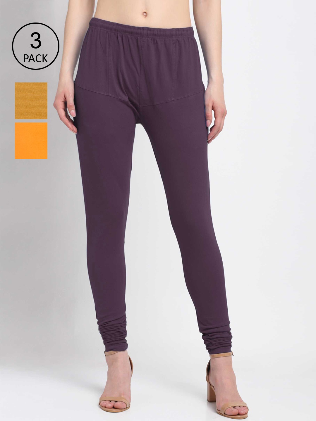 

KLOTTHE Women Pack Of 3 Solid Cotton Churidar-Length Leggings, Violet