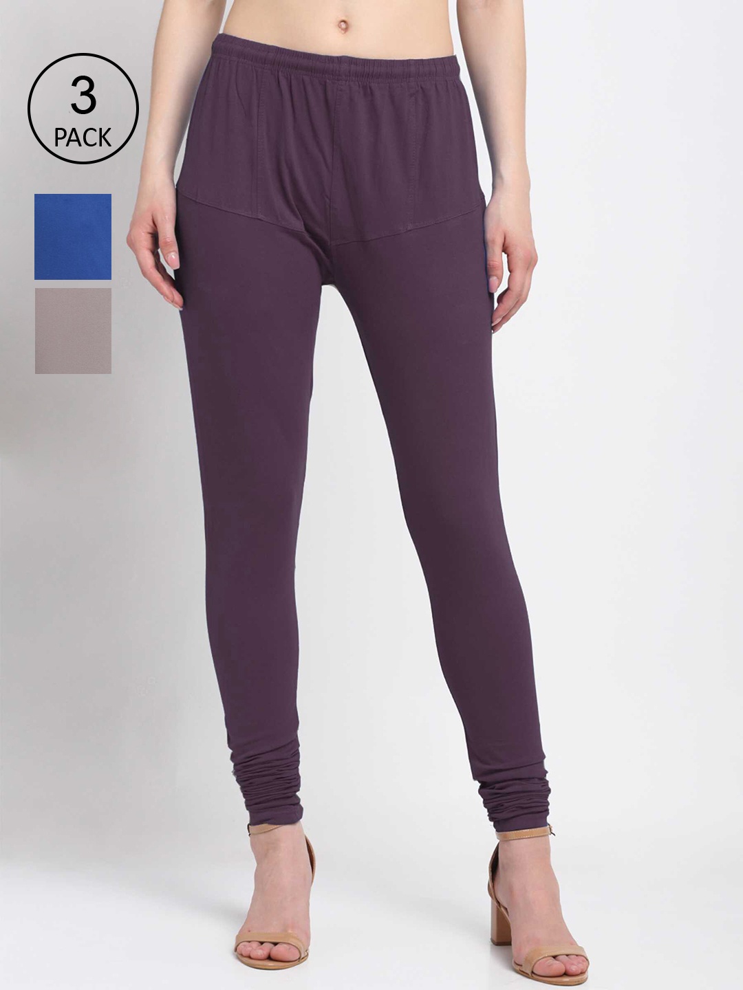 

KLOTTHE Women Pack Of 3 Multicoloured Solid Cotton Churidar-Length Leggings, Violet
