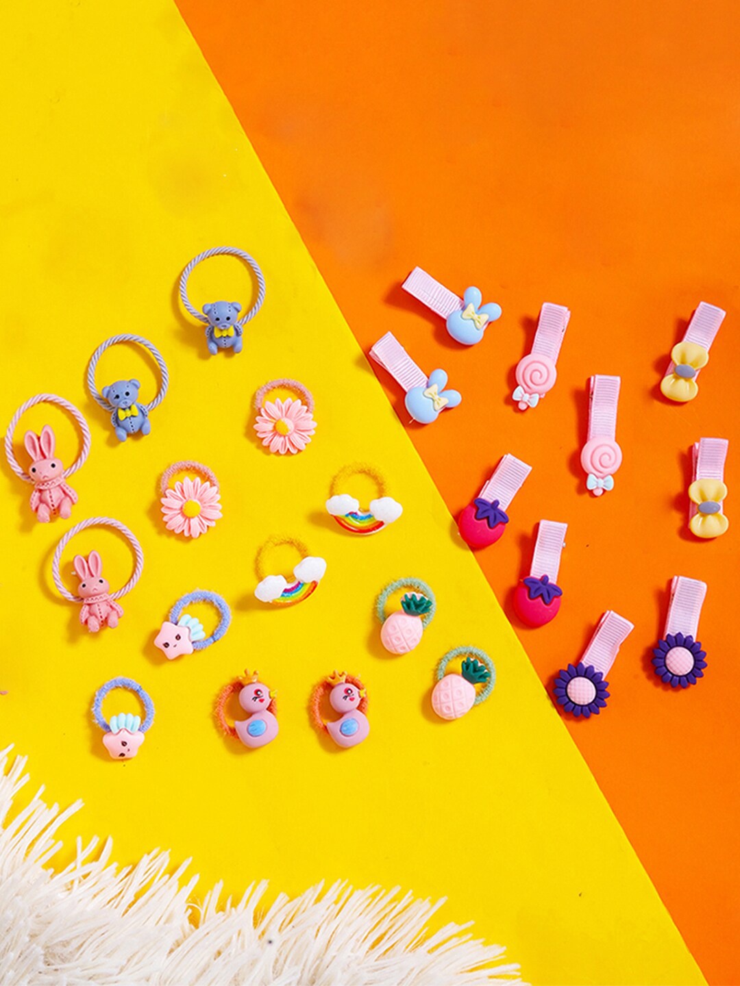 

Yellow Chimes Girls Set of 10 Multicoloured Hair Clips & 10 Ponytail Holder Rubber Bands, Multi