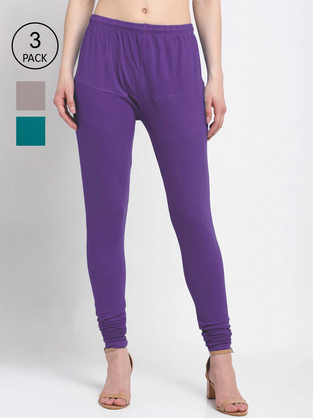 

KLOTTHE Women Pack Of 3 Solid Cotton Churidar-Length Leggings, Violet