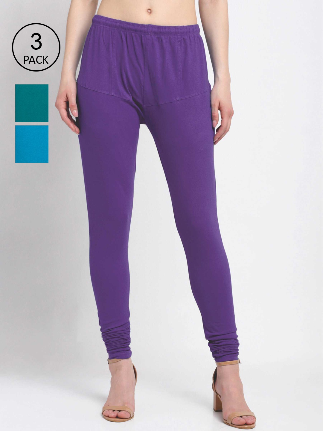 

KLOTTHE Women Pack Of 3 Solid Cotton Churidar-Length Leggings, Purple