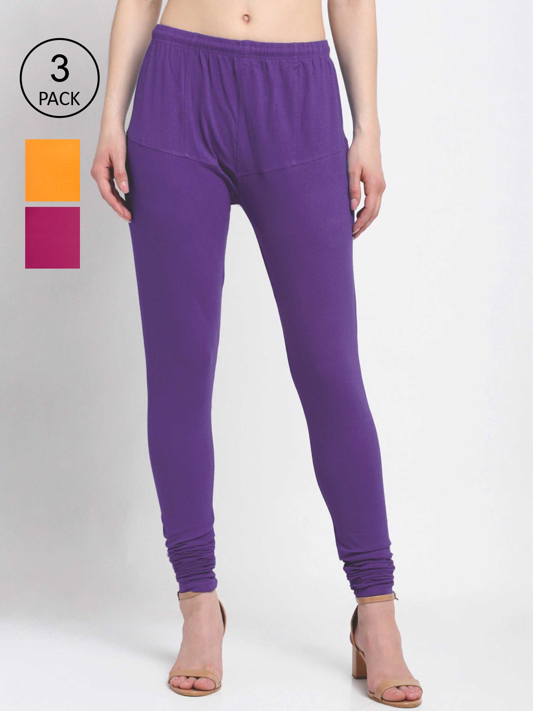 

KLOTTHE Women Pack Of 3 Solid Churidar-Length Cotton Leggings, Purple