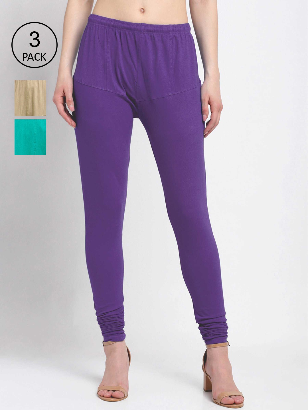 

KLOTTHE Women Pack Of 3 Solid Churidar-Length Cotton Leggings, Purple