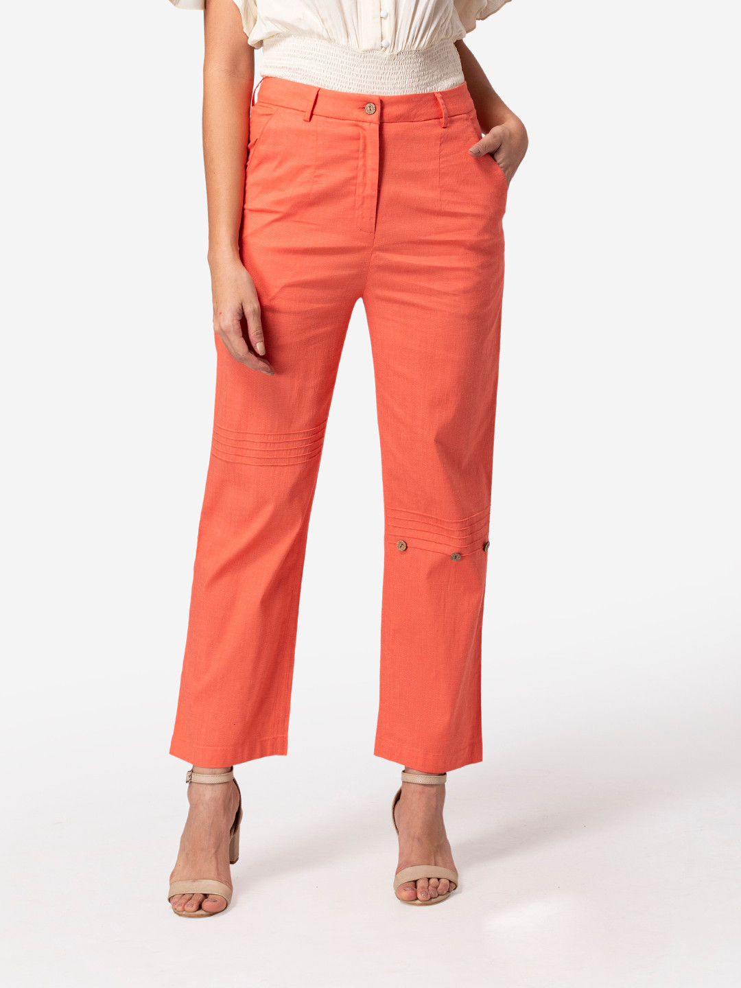 

DEEBACO Women Peach-Coloured Pintuck Pants With Buttons
