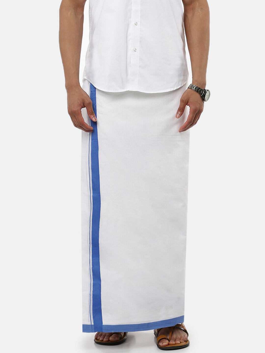 

Ramraj Men Pure Cotton Double Layer White Solid Dhoti with Blue border