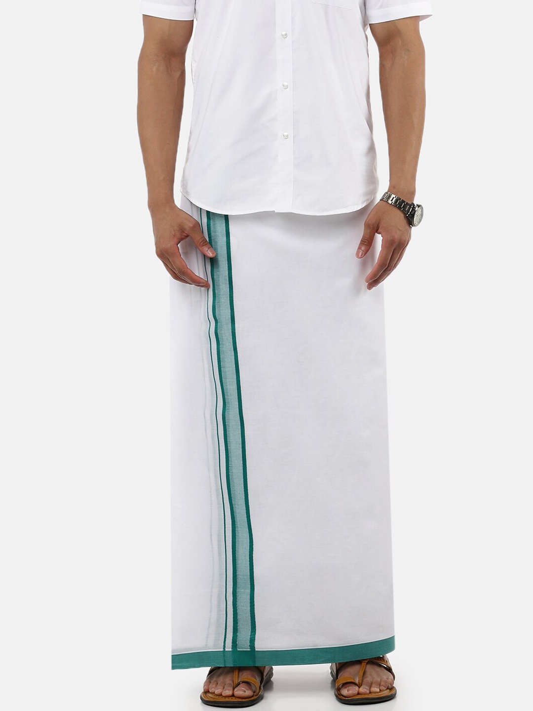 

Ramraj Men Pure Cotton Double Layer White Solid Dhoti with Broad Green border