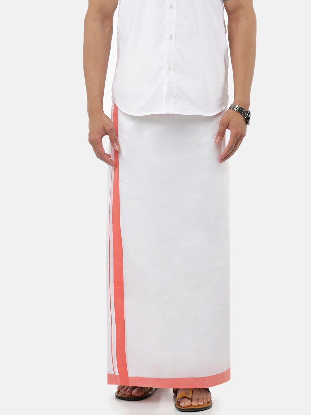 

Ramraj Men Pure Cotton Double Layer White Solid Dhoti with Orange border