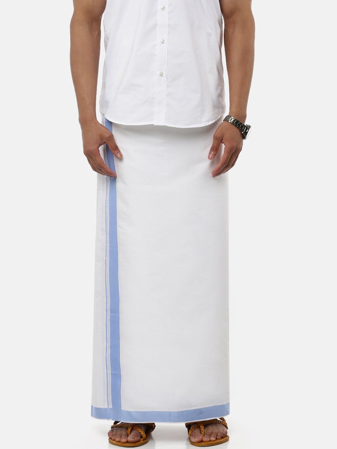 

Ramraj Men White & Blue Solid Pure Cotton Dhoti