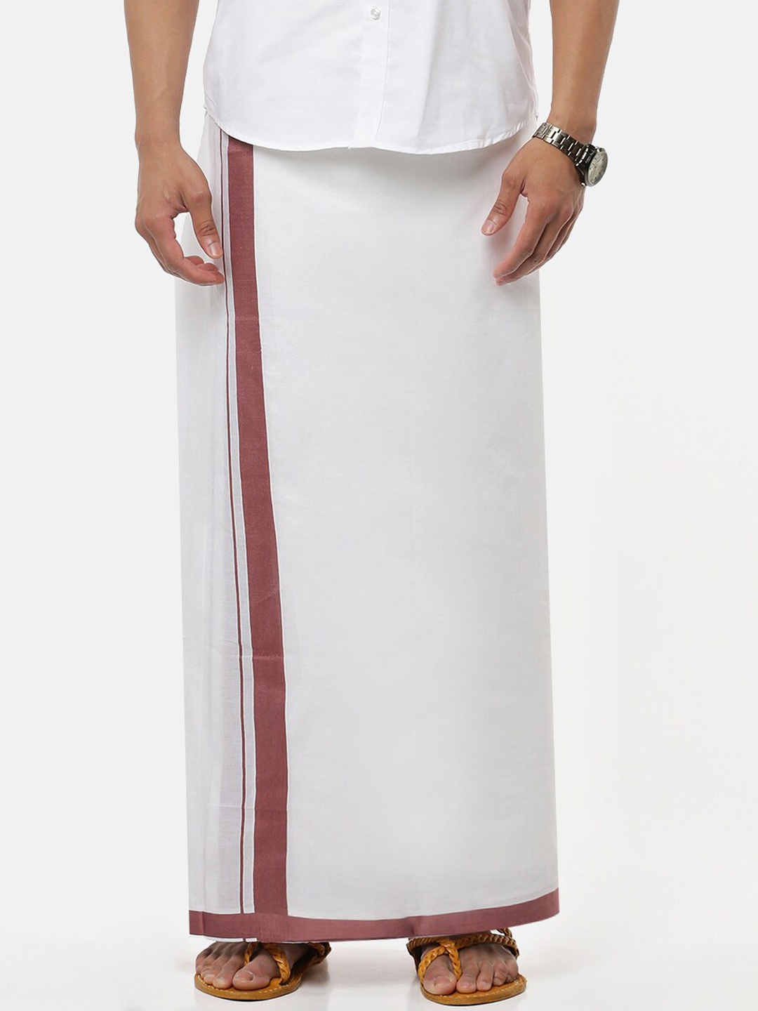 

Ramraj Men Pure Cotton Double Layer White Solid Dhoti with Maroon border