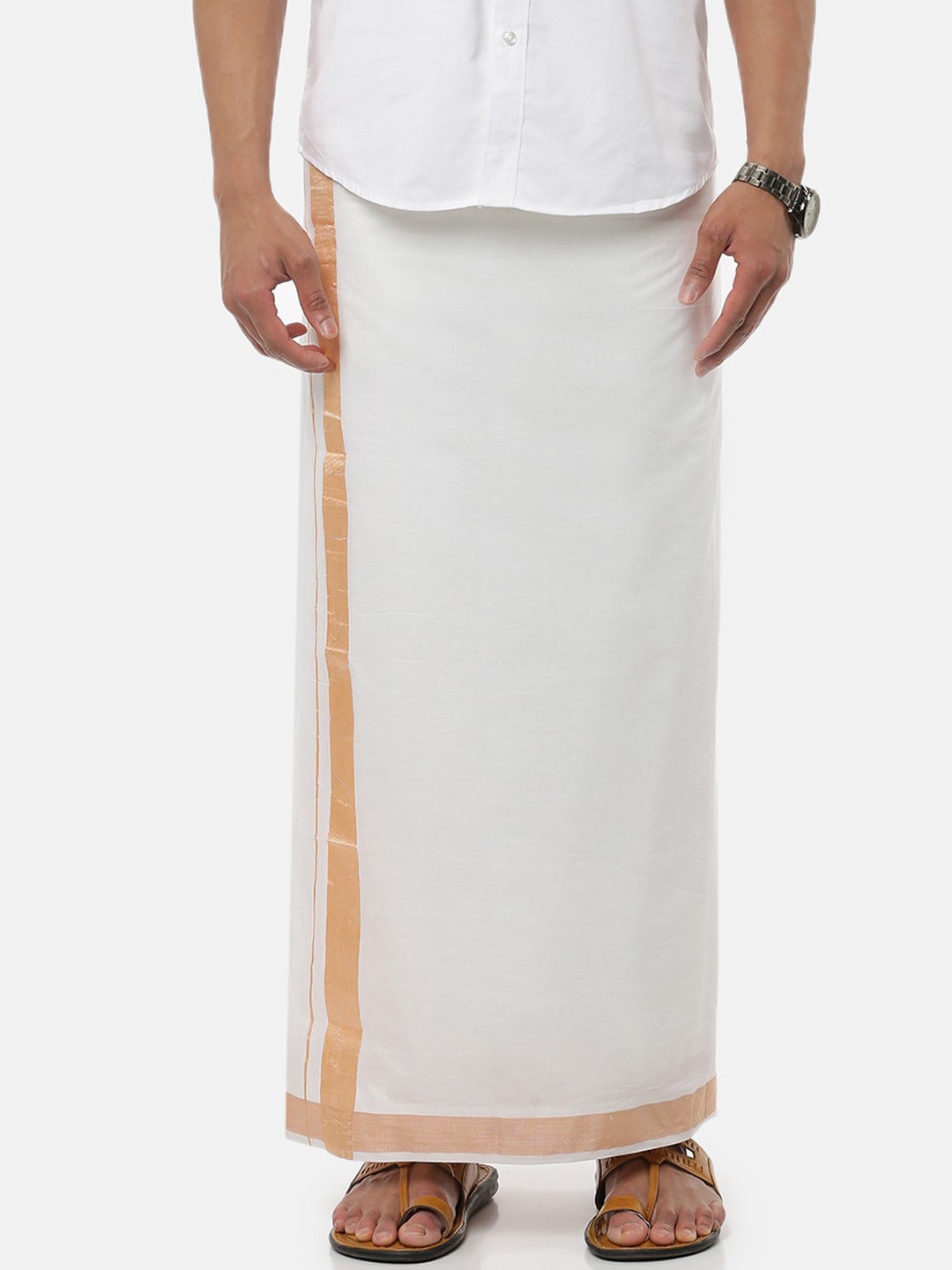 

Ramraj Men Pure Cotton Double Layer White Solid Dhoti with Gold border