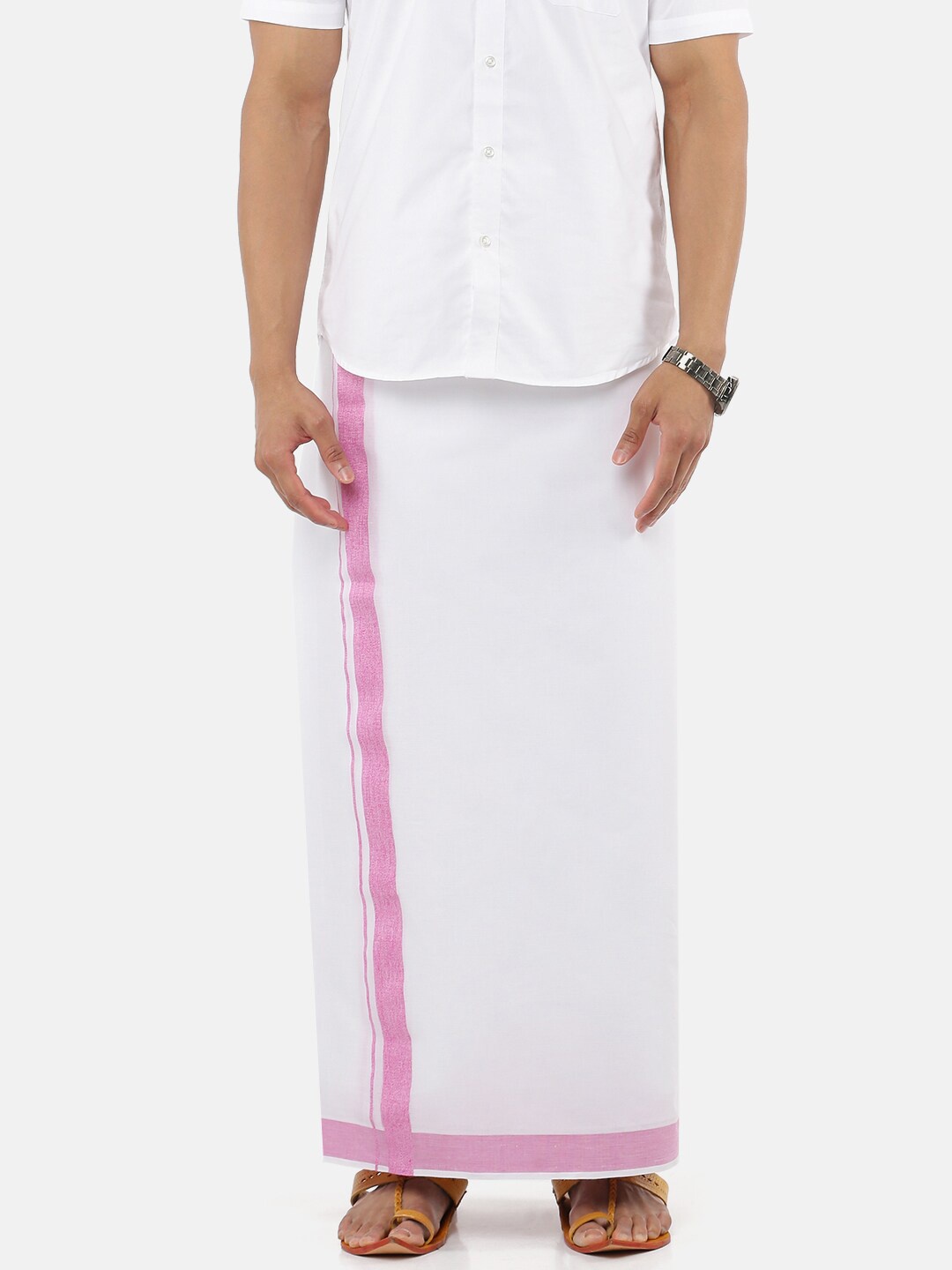 

Ramraj Men White & Pink Solid Pure Cotton Dhoti