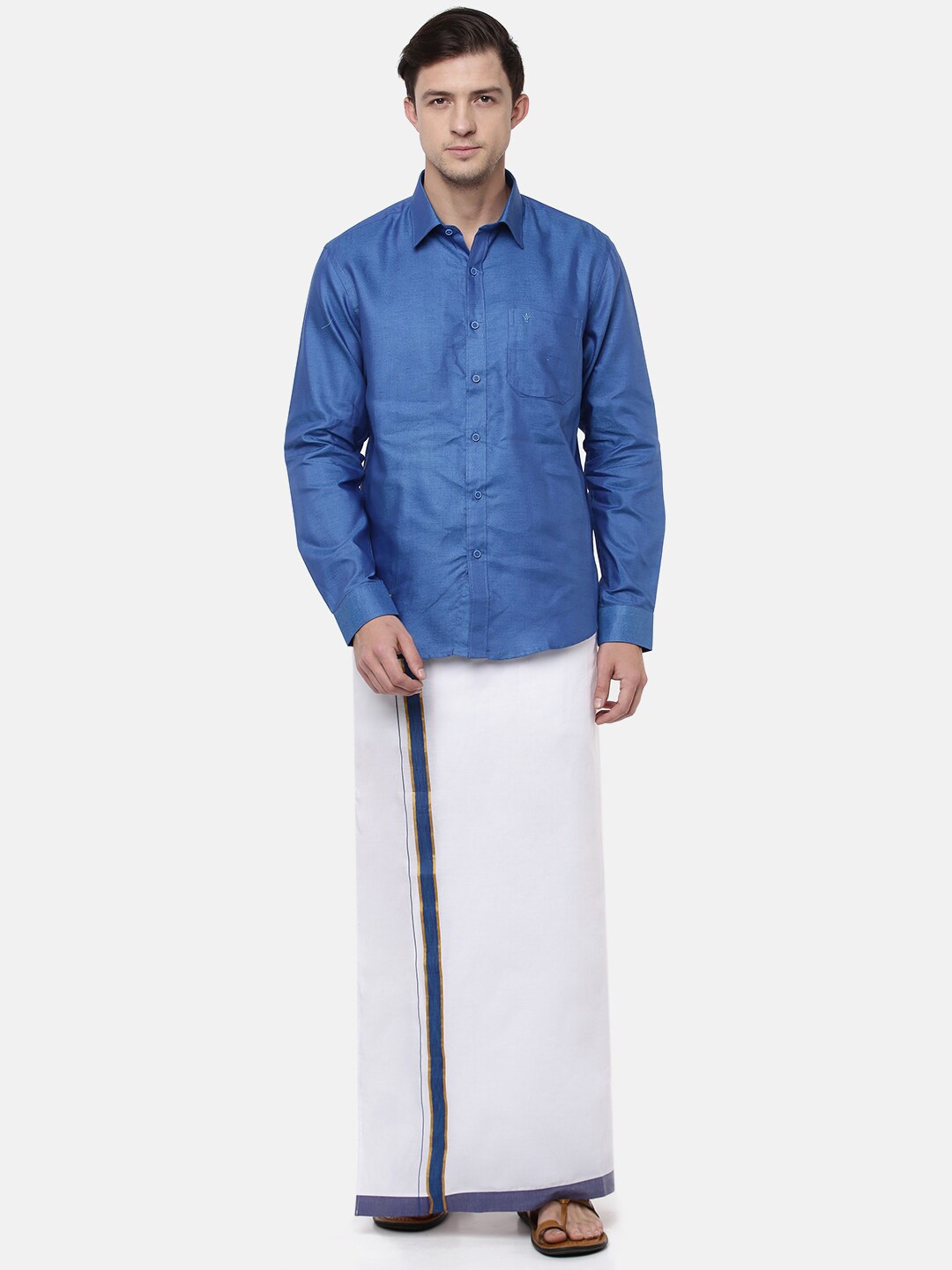 

Ramraj Men Blue & White Solid Pure Cotton Shirt With Dhoti