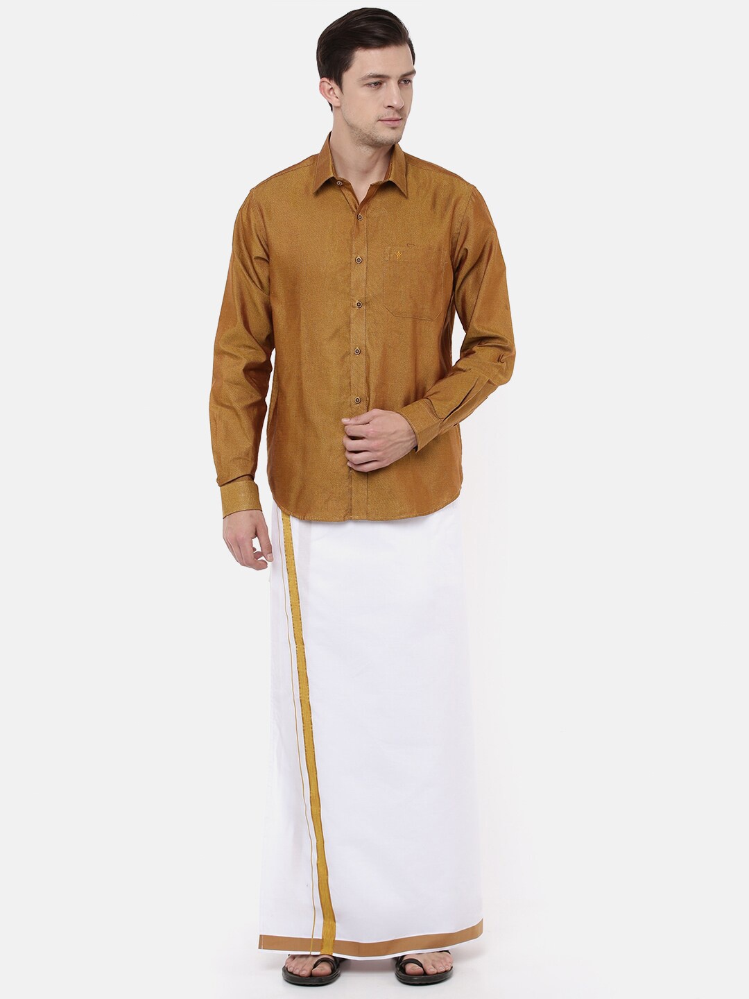 

Ramraj Men Mustard Shirt with White Dhoti