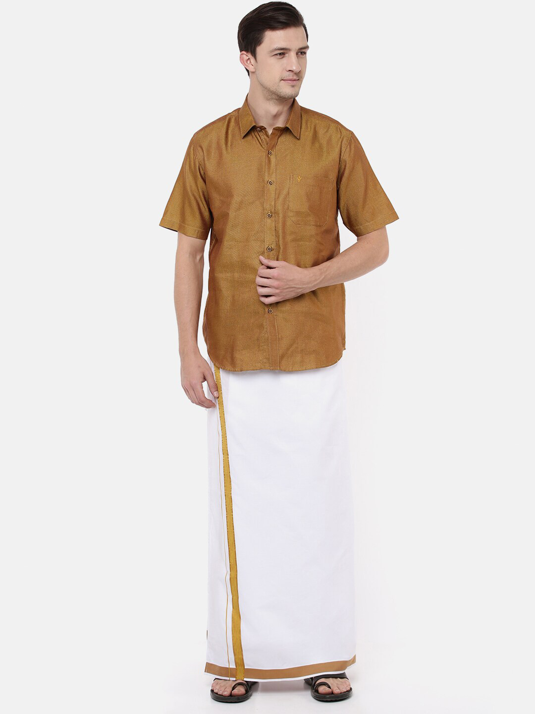

Ramraj Men Mustard & White Shirt with Dhoti