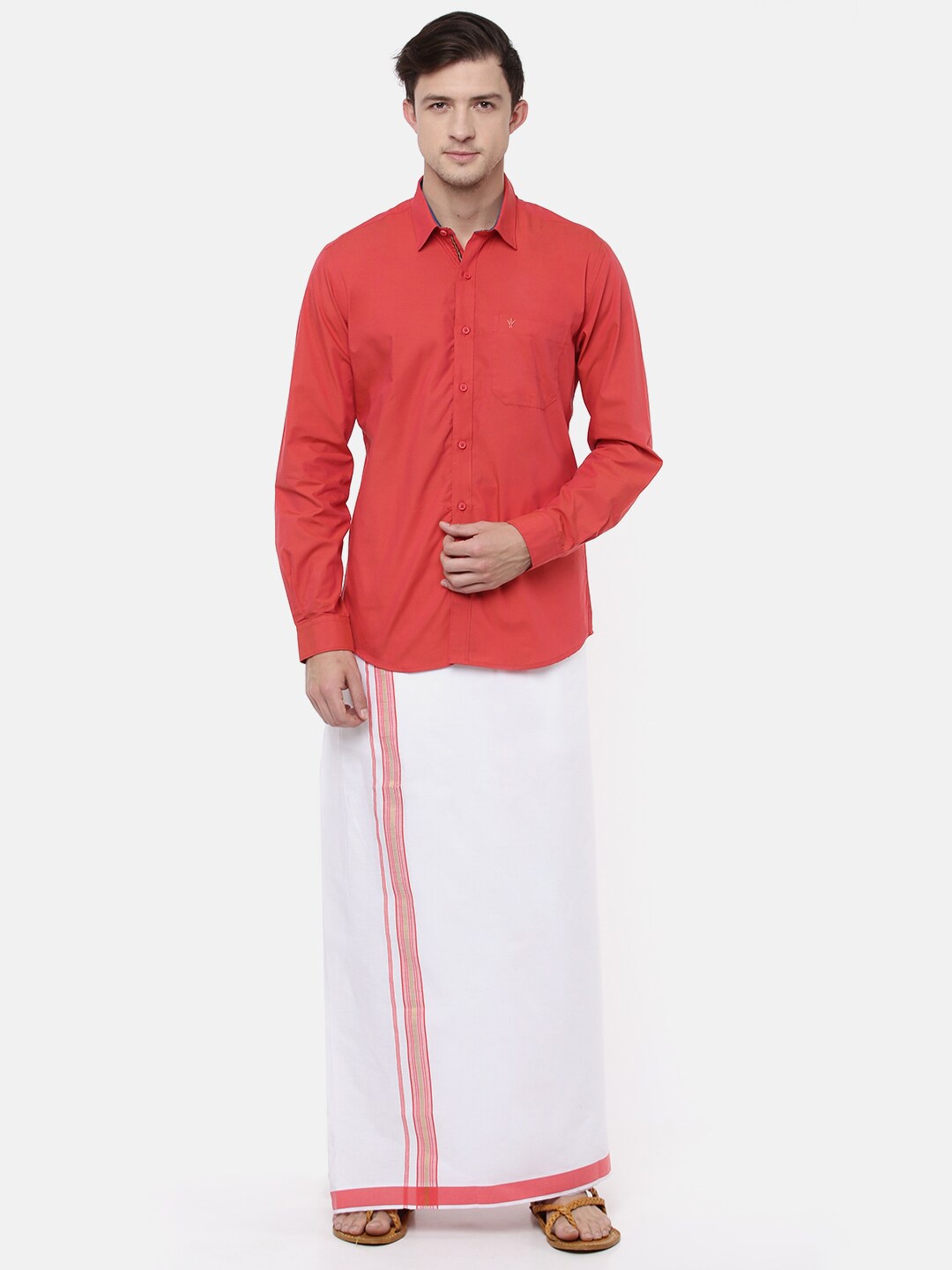 

Ramraj Men Red & White Pure Cotton Shirt with Dhoti