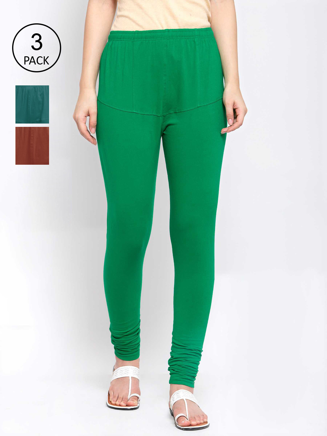 

KLOTTHE Women Pack Of 3 Solid Churidar-Length Cotton Leggings, Green