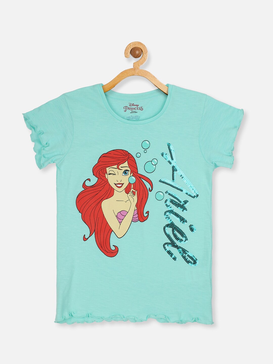 

Kids Ville Girls Sea Green Disney Princess Printed T-shirt