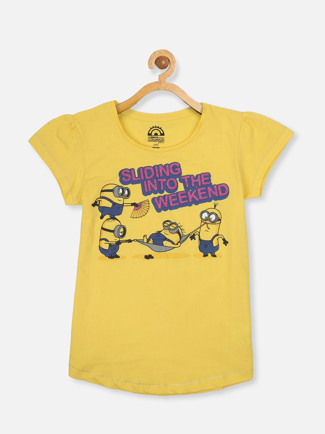 

Kids Ville Girls Yellow Minions Printed Extended Sleeves Tropical Applique T-shirt