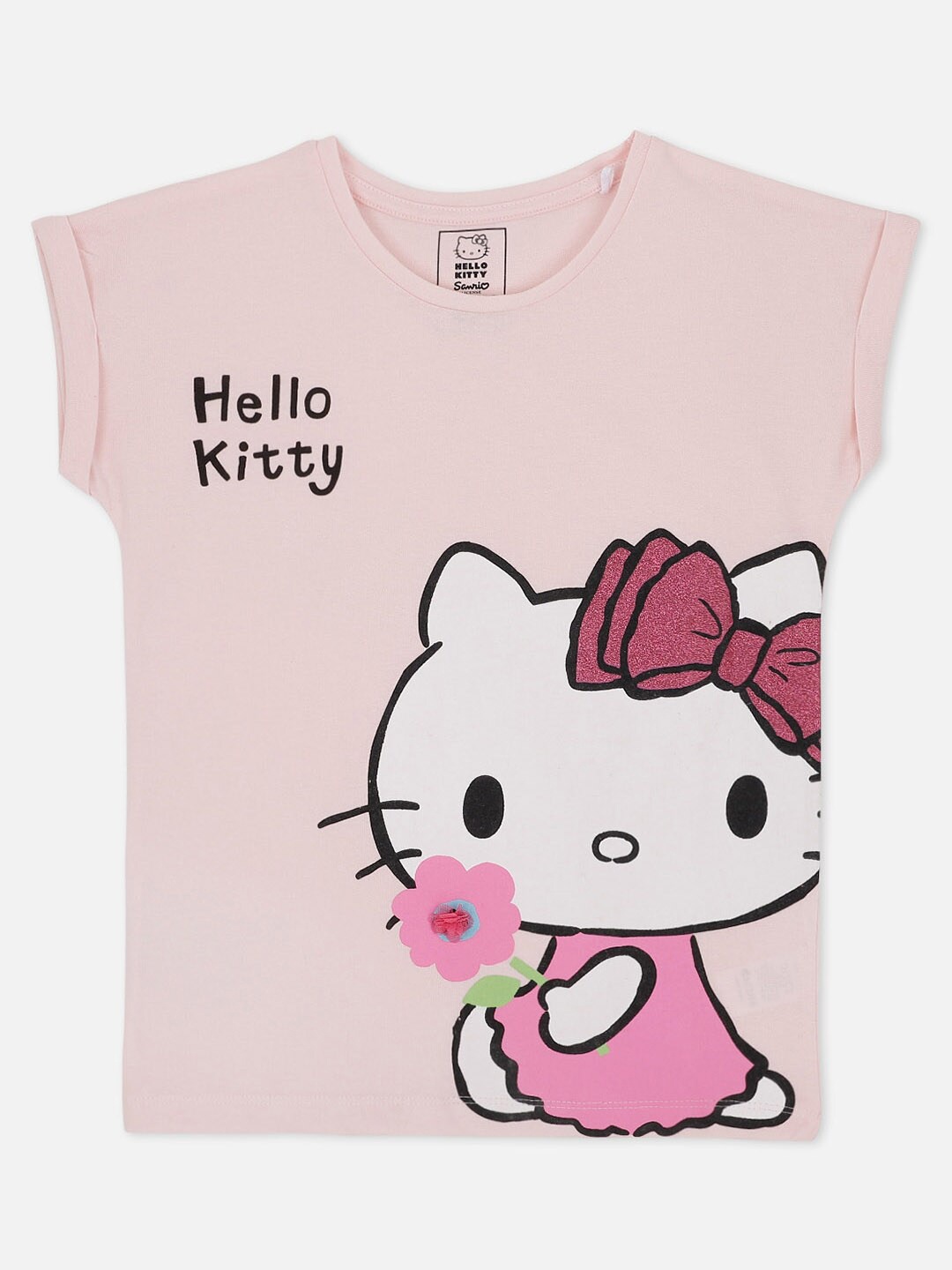 

Kids Ville Girls Pink & White Hello Kitty Printed Extended Sleeves Cotton T-shirt