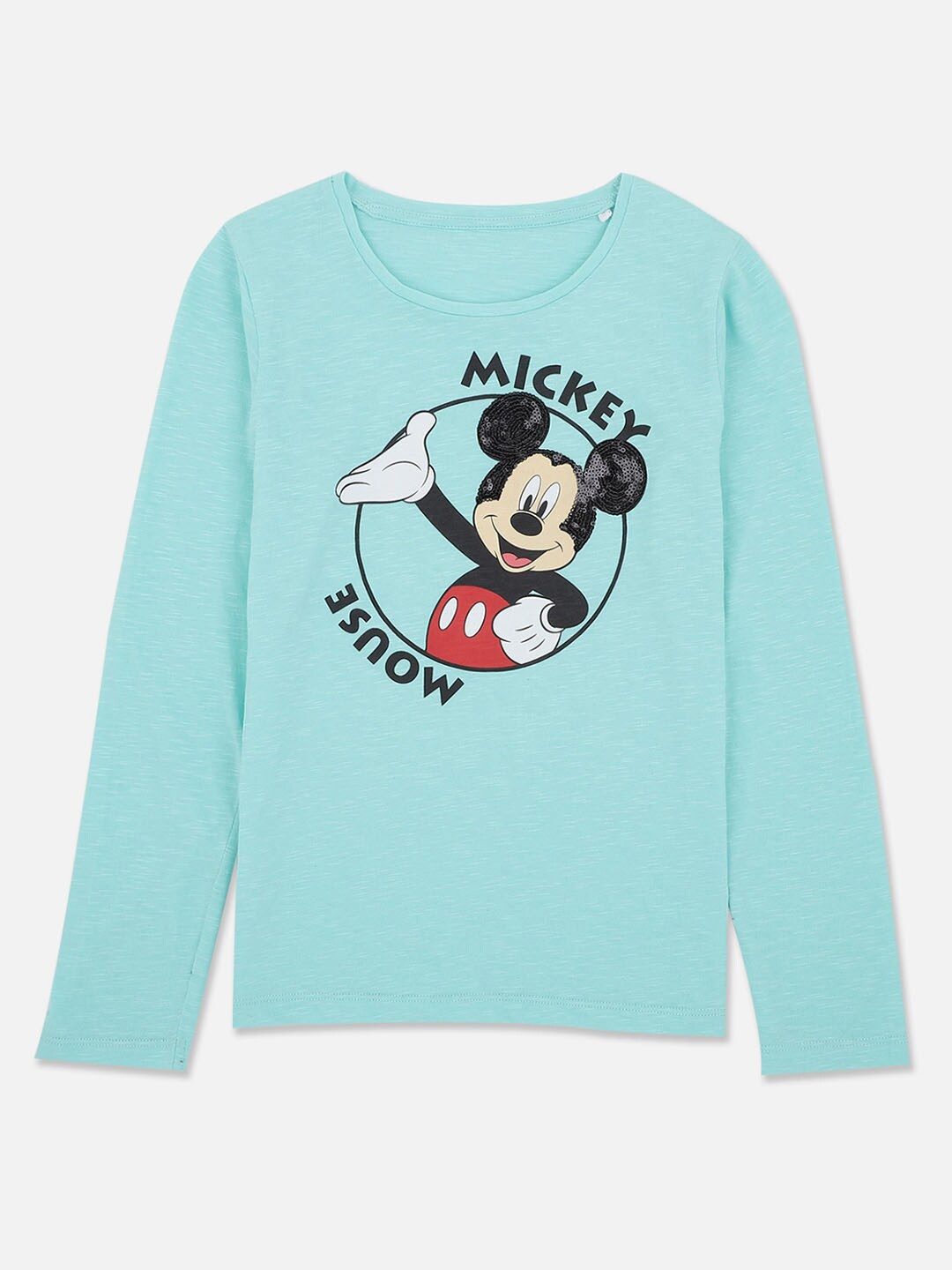 

Kids Ville Girls Green & Black Mickey Mouse Printed Cotton T-shirt