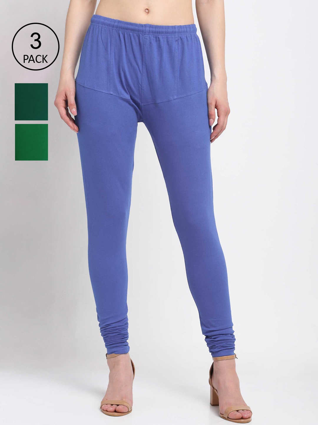 

KLOTTHE Women Pack Of 3 Solid Cotton Churidar-Length Leggings, Blue