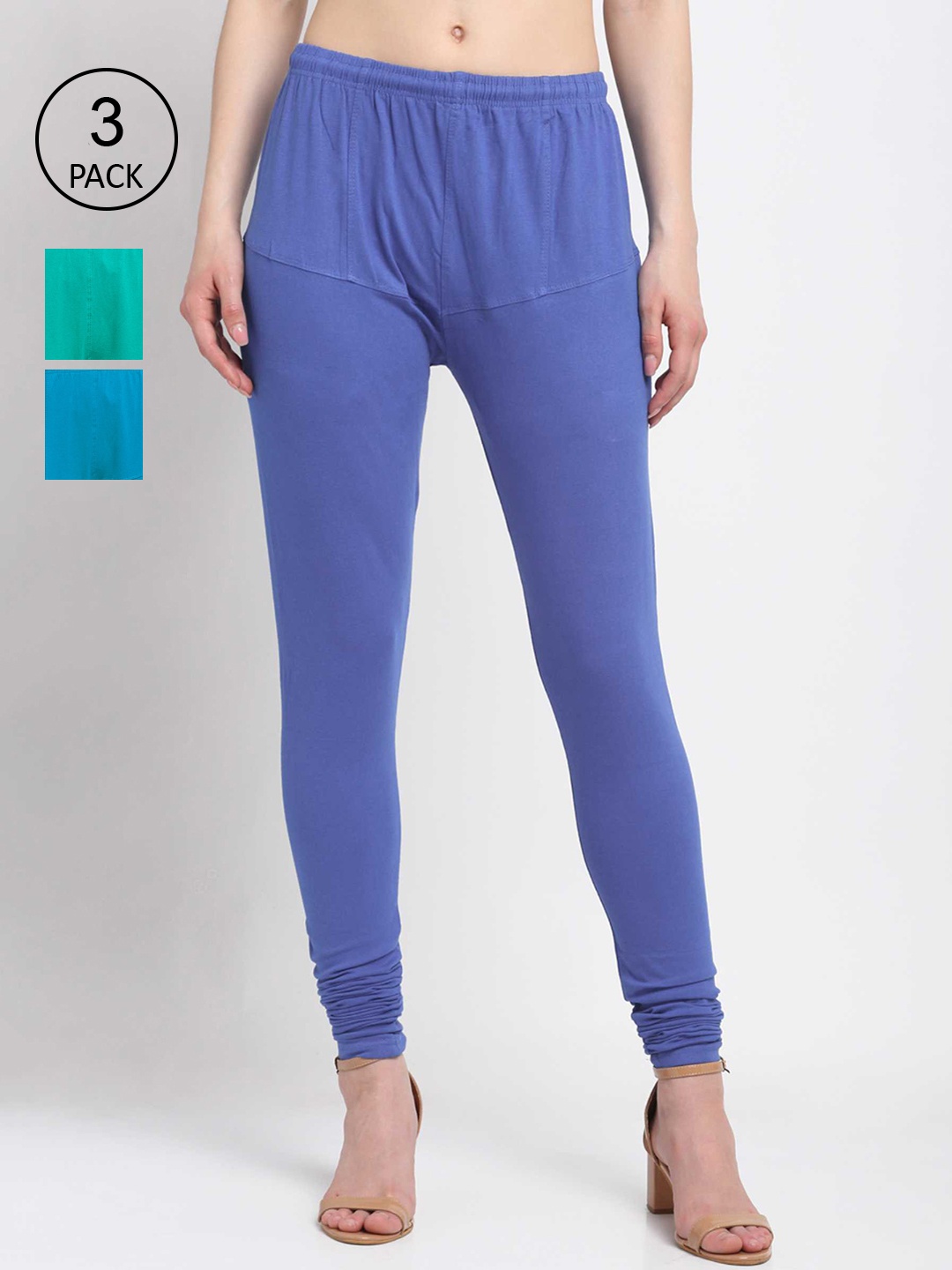 

KLOTTHE Women Pack Of 3 Solid Cotton Churidar-Length Leggings, Blue