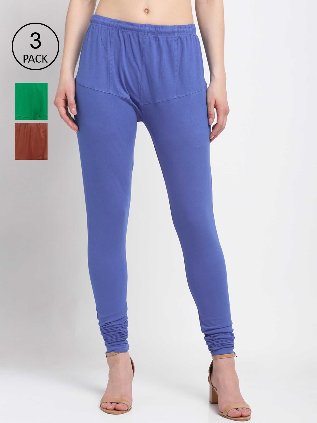 

KLOTTHE Women Pack Of 3 Solid Cotton Churidar-Length Leggings, Blue