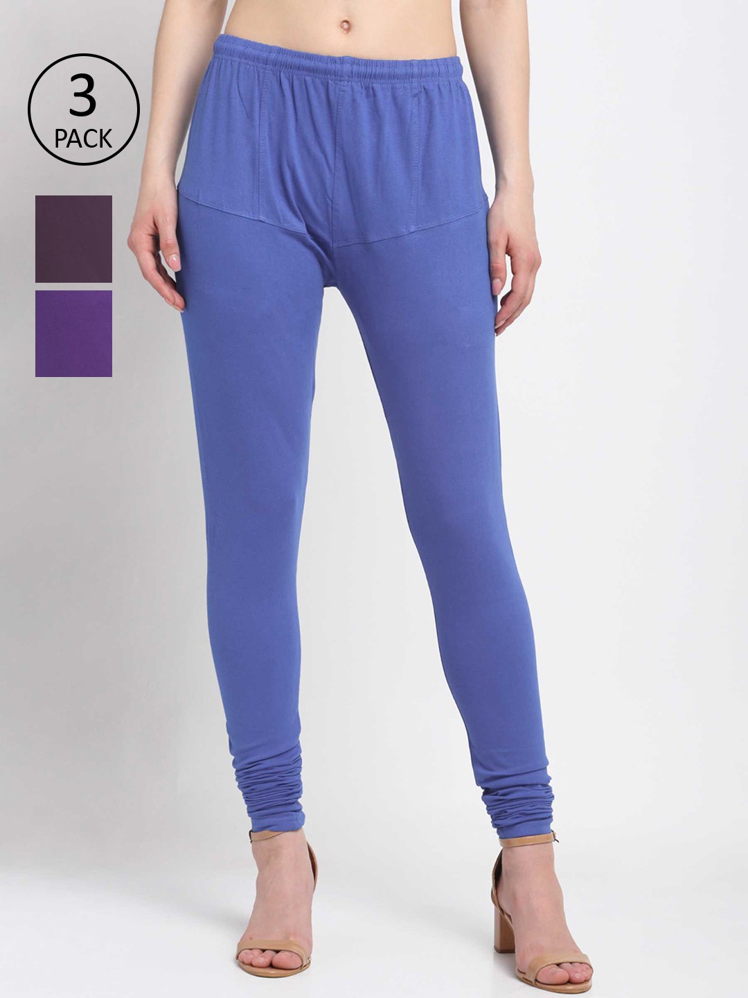 

KLOTTHE Women Pack Of 3 Solid Cotton Churidar-Length Leggings, Blue