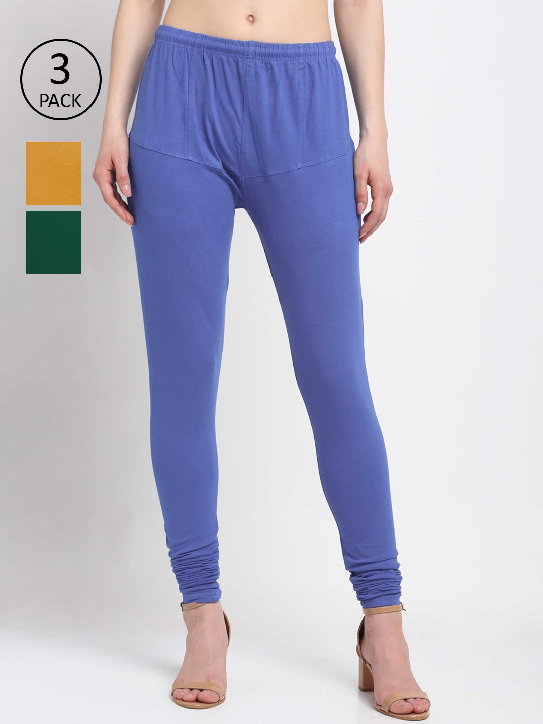 

KLOTTHE Women Pack Of 3 Solid Cotton Churidar-Length Leggings, Blue