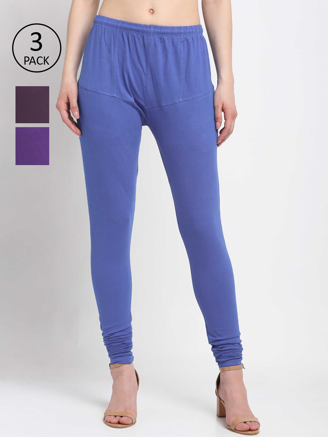 

KLOTTHE Women Pack Of 3 Solid Cotton Churidar-Length Leggings, Blue