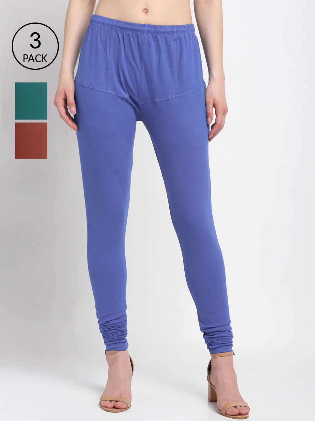 

KLOTTHE Women Pack Of 3 Solid Cotton Churidar-Length Leggings, Blue