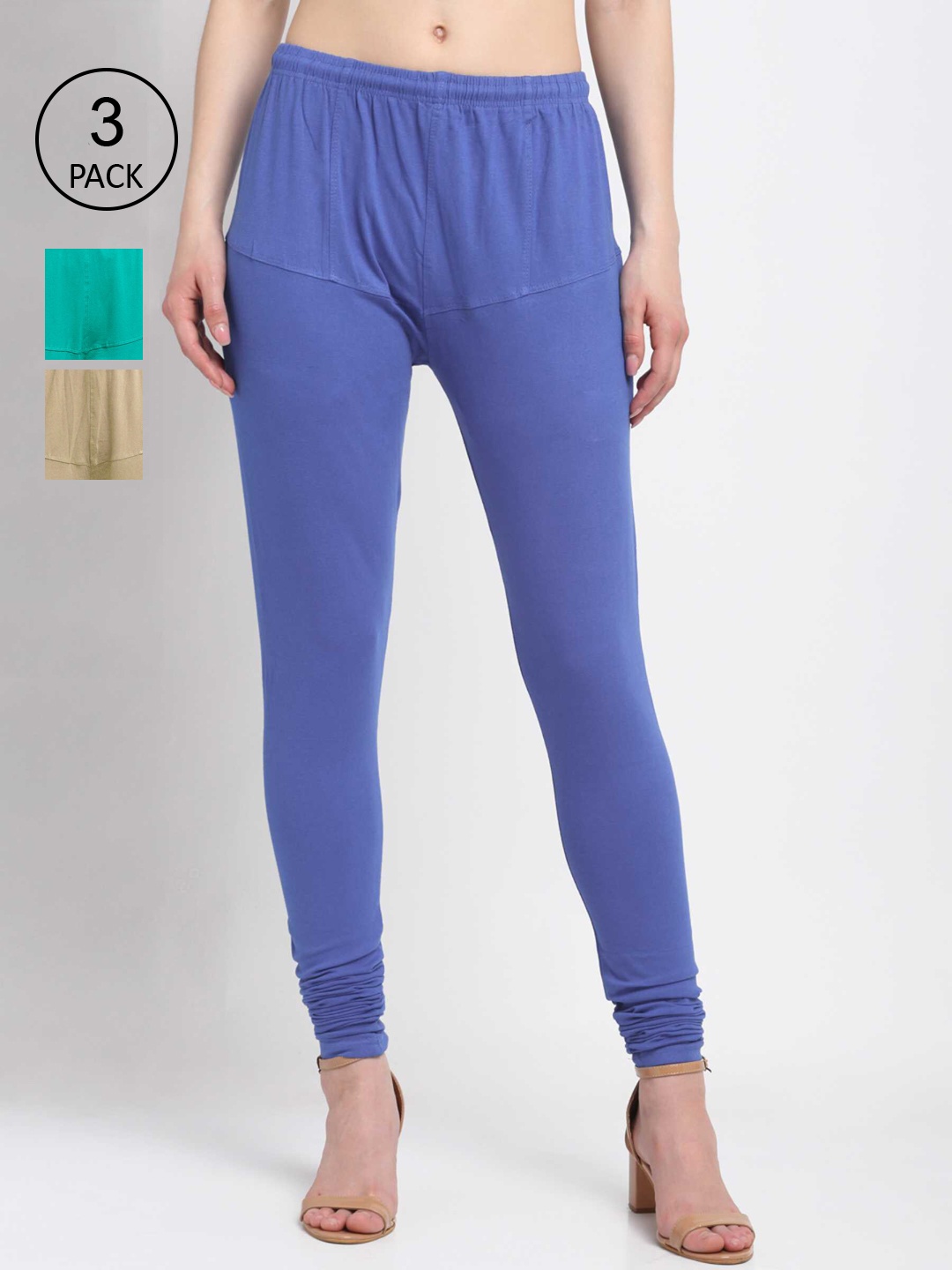 

KLOTTHE Women Pack Of 3 Solid Churidar-Length Cotton Leggings, Blue