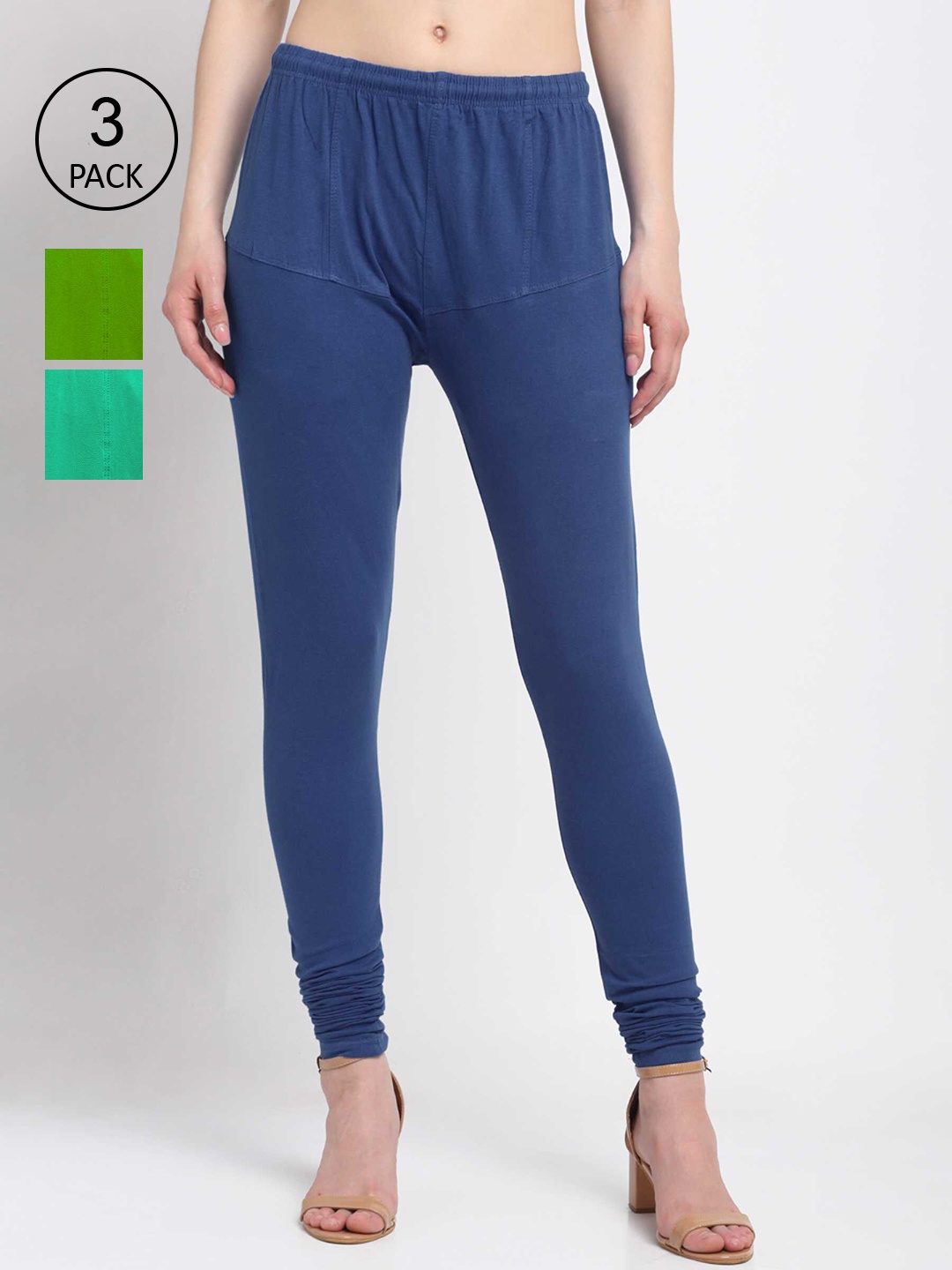 

KLOTTHE Women Pack Of 3 Solid Cotton Churidar-Length Leggings, Blue