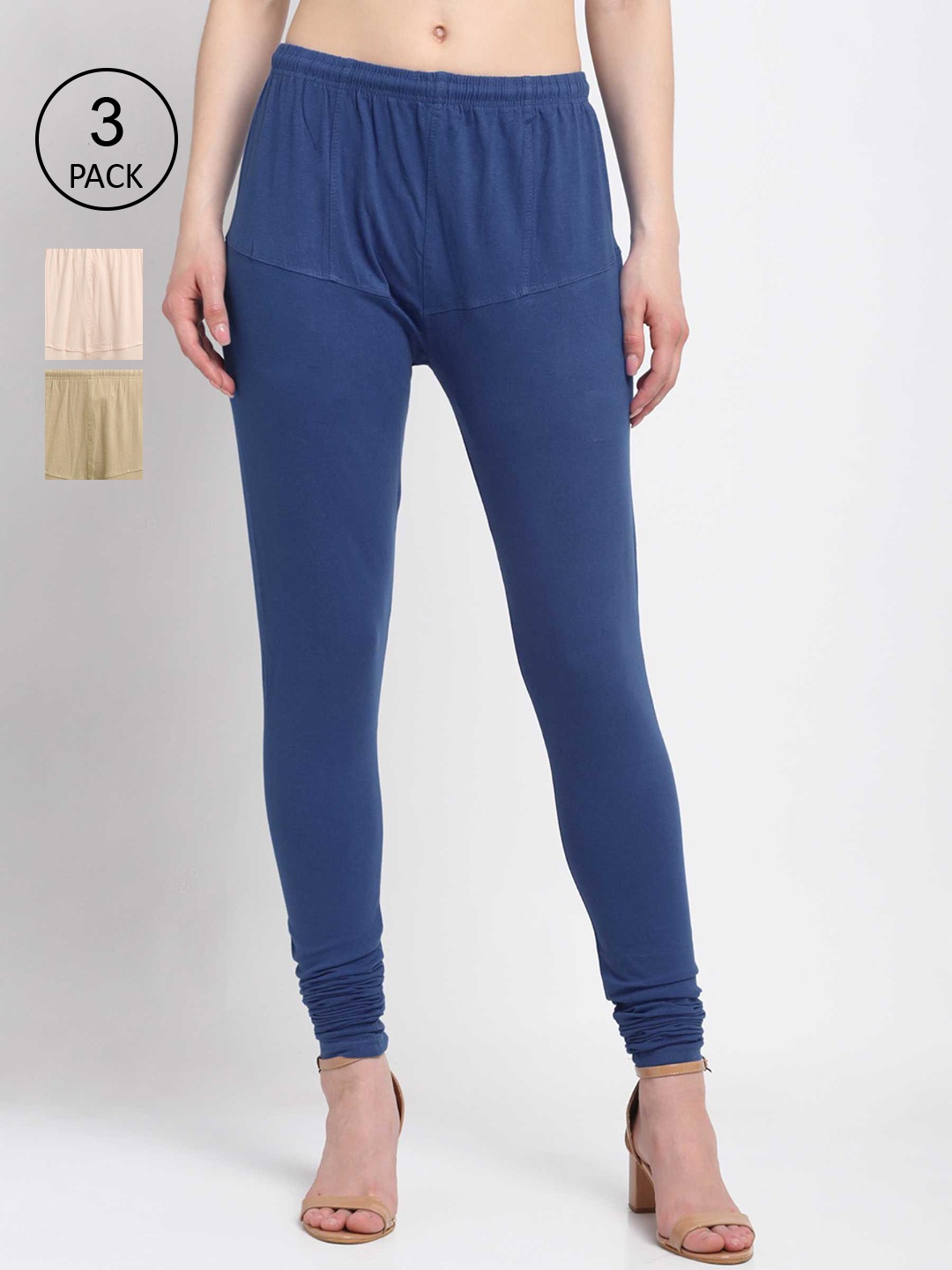 

KLOTTHE Women Pack Of 3 Solid Cotton Churidar-Length Leggings, Blue