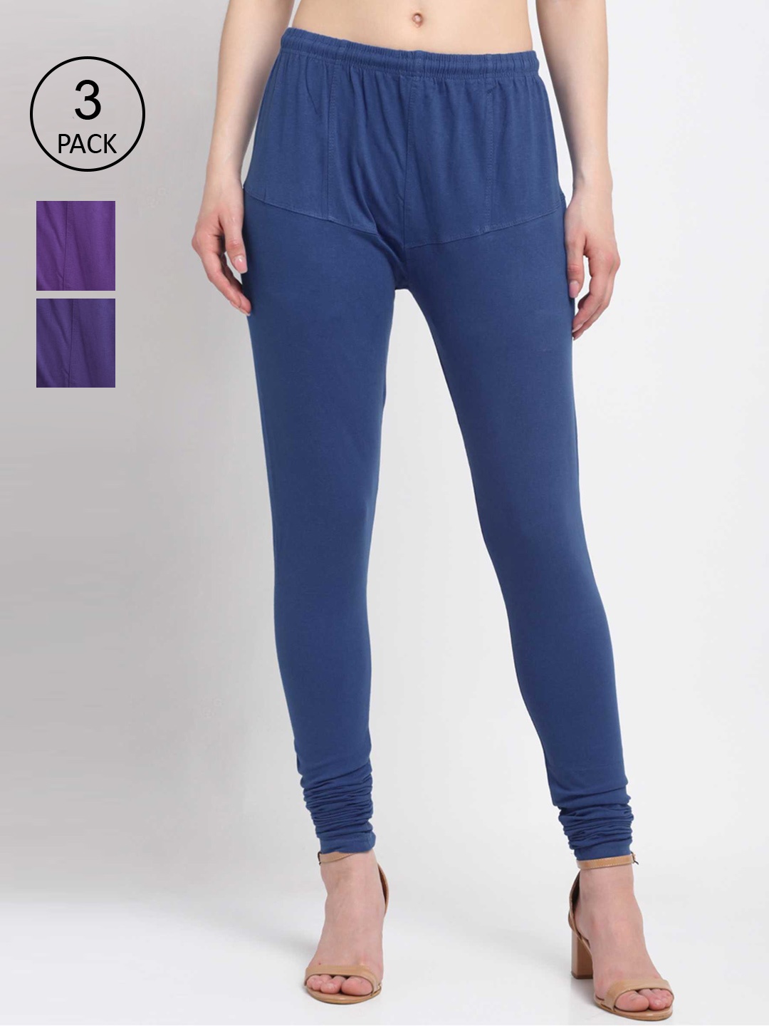 

KLOTTHE Women Pack Of 3 Solid Cotton Churidar-Length Leggings, Violet